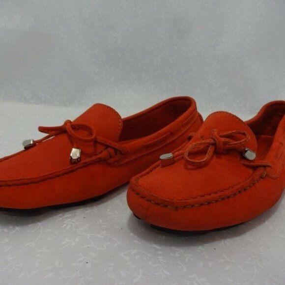 𝅺saks Fifth Avenue Women's Size 7B Moccasin Orange Suede Slip On Flat Shoes - Picture 2 of 7